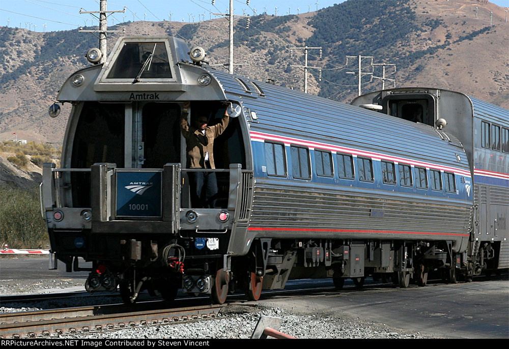 Antrak "Beech Grove" AMTK #10001 on rear of detouring #11 the Coast Starlight (SEA-LAX).